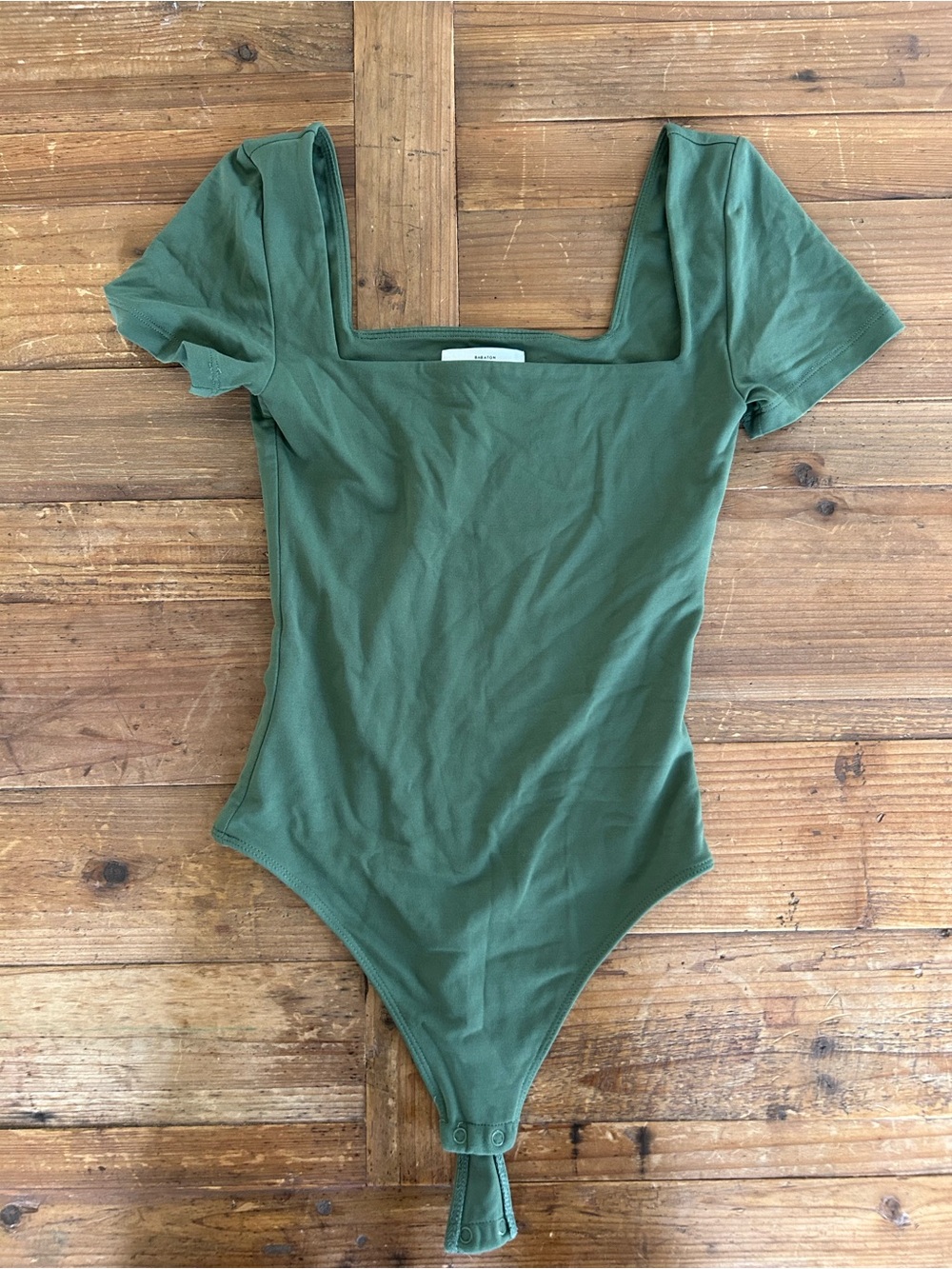 Babaton Olive Green Square-Neck Short Sleeve Bodysuit